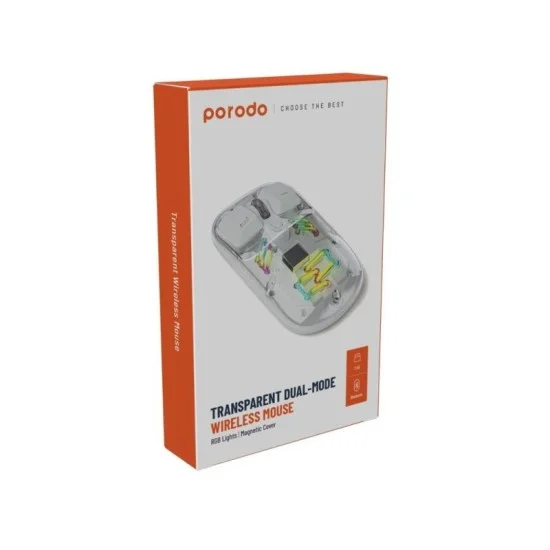 Porodo Transparent Dual-Mode Wireless Mouse Rgb Light And Magnetic Cover
